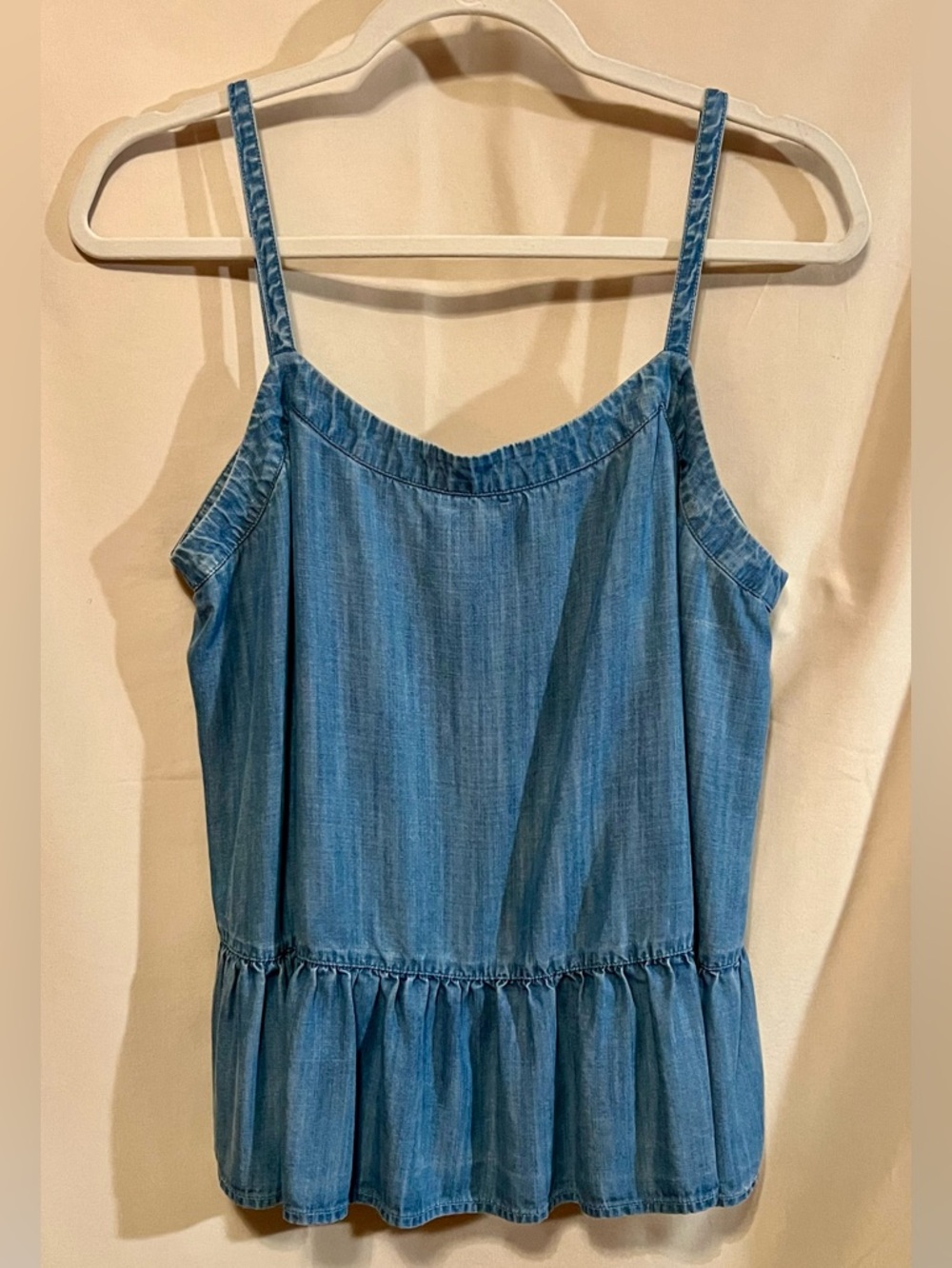 Crown & Ivy Blue Chambray Spaghetti Strap Peplum Tank